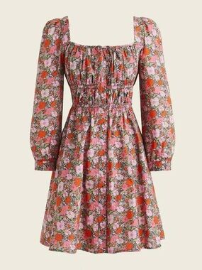 JCrew x Liberty | Floral Square-Neck Smock Waist Mini Dress in Pink and Orange